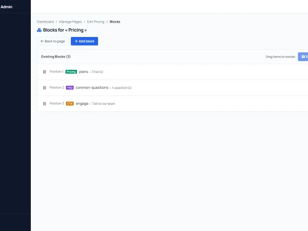AsomeCMS visual block editor for building a Pricing page section by section
