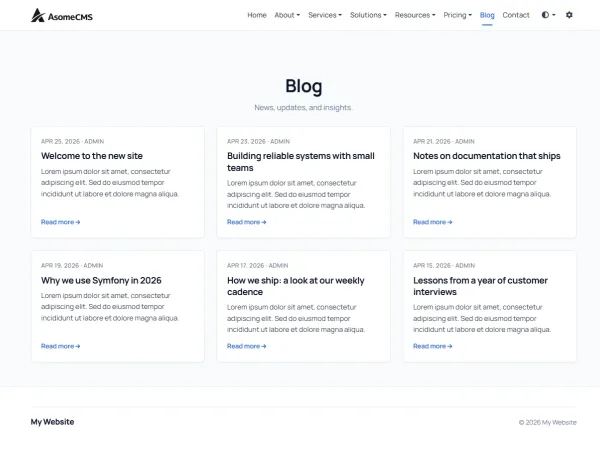 Blog index page showing a clean grid of article previews