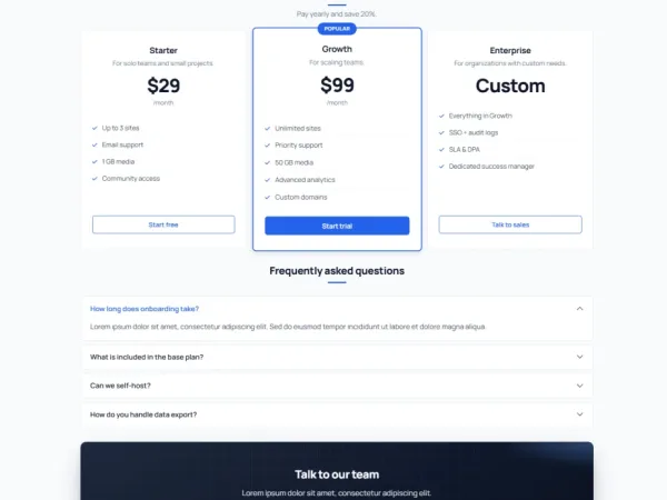 Pricing page with Starter, Growth, and Enterprise plans plus an FAQ section