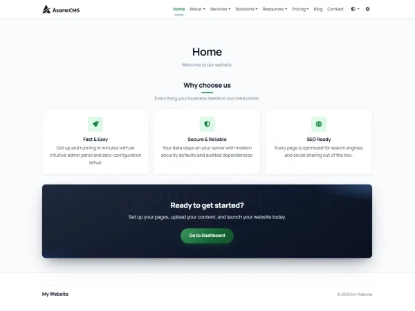 AsomeCMS website homepage with Why choose us features and Get started call to action