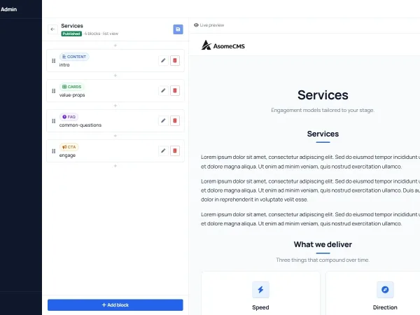 AsomeCMS admin panel showing the Services page editor with a block list and live preview