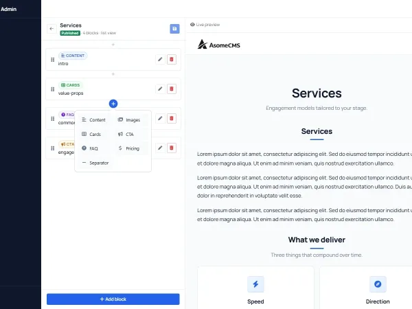 AsomeCMS block picker menu showing Content, Images, Cards, CTA, FAQ, Pricing, and Separator options