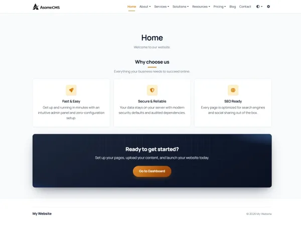 AsomeCMS homepage in a warm orange theme showing easy theming options